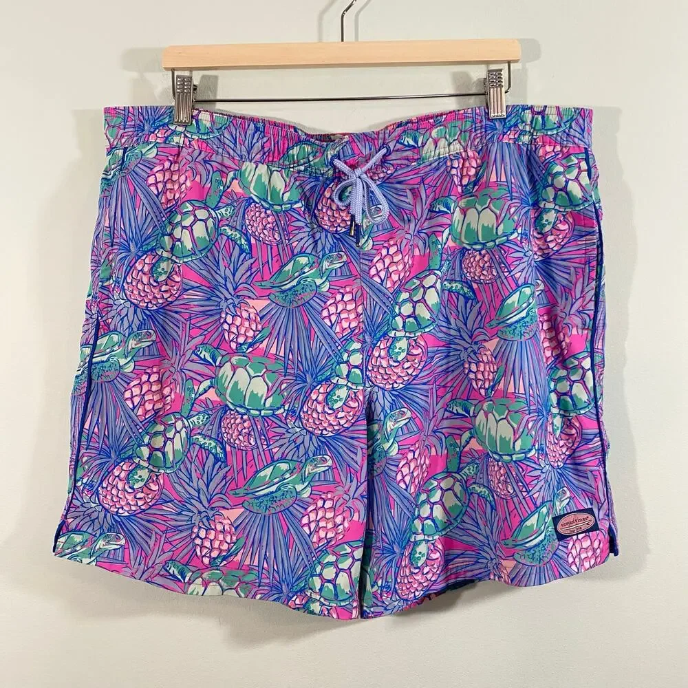 Vineyard Vines Men Pineapples & Sea Turtles Print Drawstring Swim Trunks Size XL